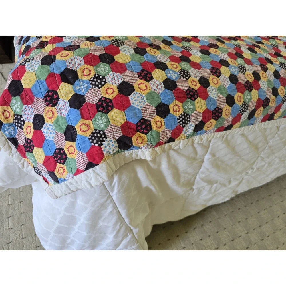 Vintage Quilt Hexagon Printed Pattern Multicolor 83x65